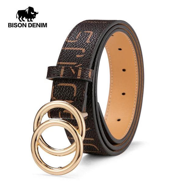

belts bison denim genuine leather for women fashion jeans classic simple round buckle female pin belt n60270, Black;brown