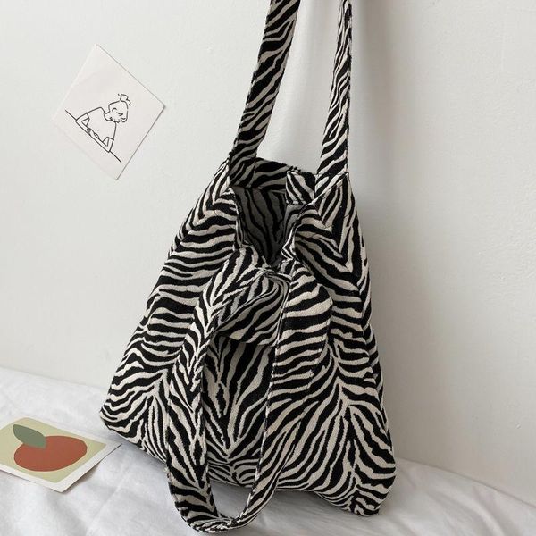

evening bags zebra pattern canvas bag female 2021 korean tote niche large-capacity student shoulder