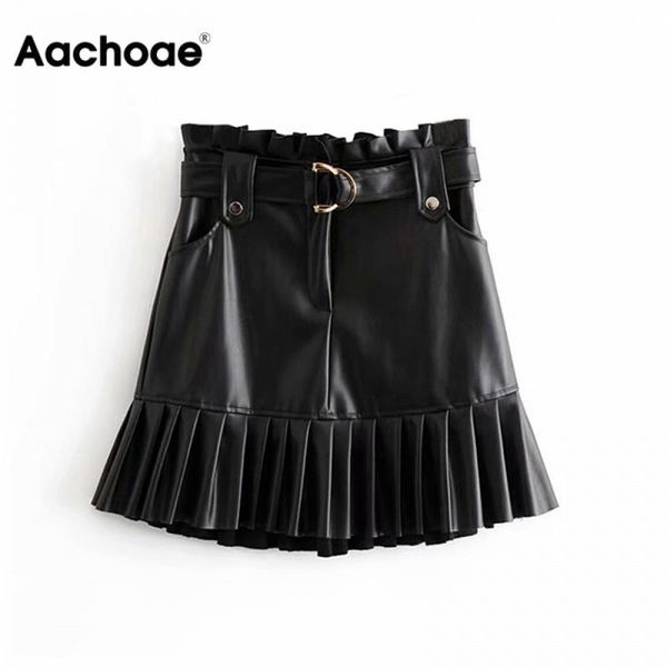 

women black pu leather skirt with belt fashion streetwear ruffles pleated mini skirts a-line party club short skirt, Black;white