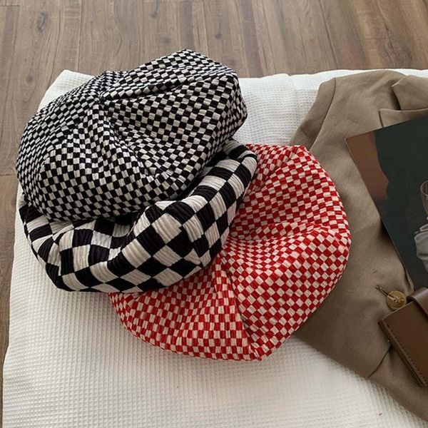 

berets 1pc korean checkerboard lattice beret retro cloud cap big head circumference thin painter, Blue;gray