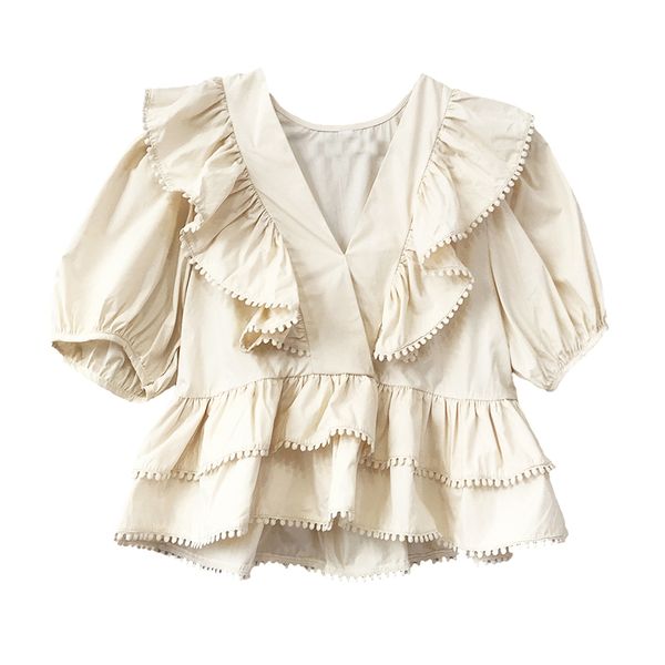 

women shirt short sleeve puff summer v neck kawaii ruffle solid b0600 210514, White