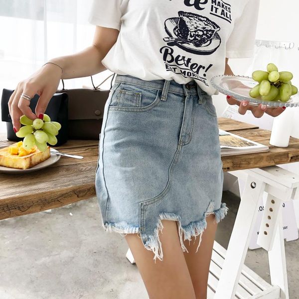 

skirts spring summer korean high waist denim casual a-line split stitching washed broken edge jeans skirt streetwear chic saias, Black
