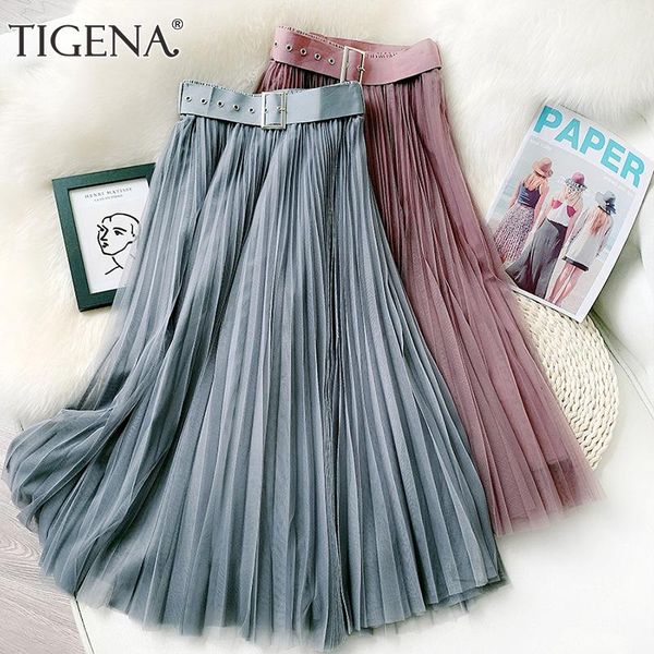 

skirts tigena fashion women tulle skirt 2021 summer elegant belt midi long pleated female a line high waist mid-length pink, Black