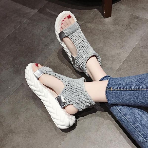 

summer korean version of the wild thick bottom beach roman shoes fairy elastic cloth socks sandals women, Black