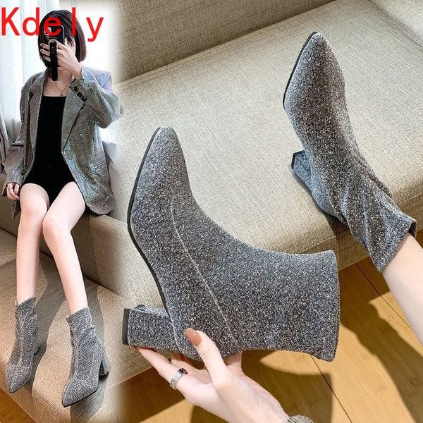 

boots block high heel womens dress shoes pointed toe stretch fabric bling ankle sock black silver booties women boots pd2k