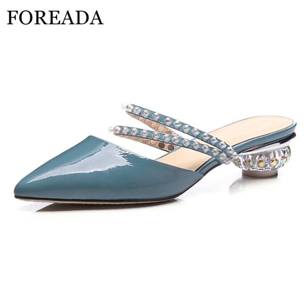 

dress shoes foreada genuine leather women mules low heels crystal pointed toe lady slingbacks 2021 spring party blue size 34-42, Black