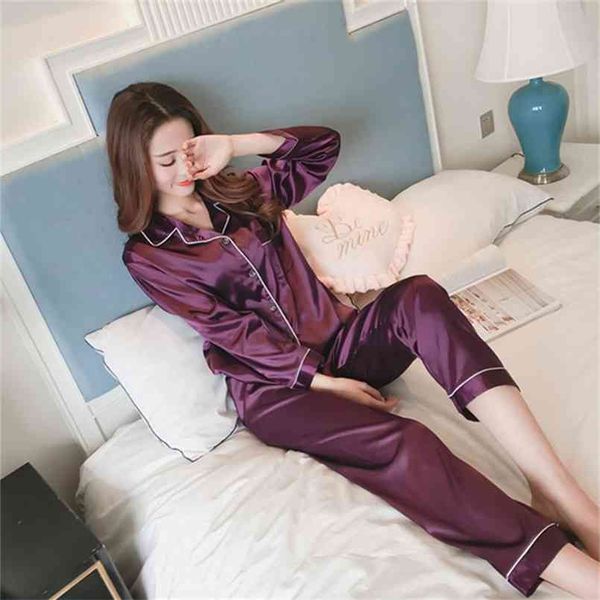

2 pieces sleepwear women's pajamas faux silk satin set autumn long sleeve ladies pyjamas home clothes 210809, Black;red