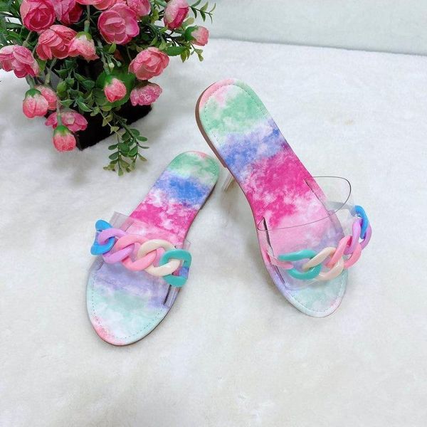 

candy color fashion slippers sandals women 2021 big chain decorative surface flat cute wind shoes, Black