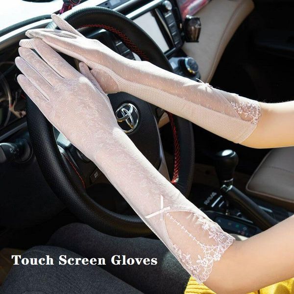 

five fingers gloves elegant touch screen long women thin full finger dress retro elastic silky pearlescent driving, Blue;gray