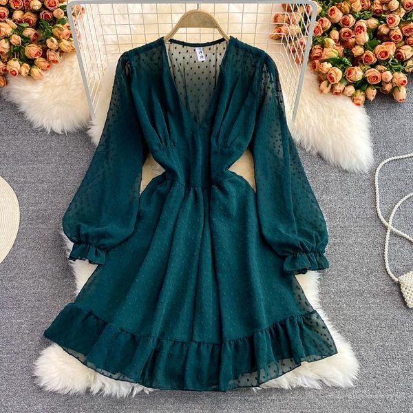 

casual dresses chiffon polka dot dress women long sleeve v neck elastic ruched a-line autumn korean fashion streetwear, Black;gray