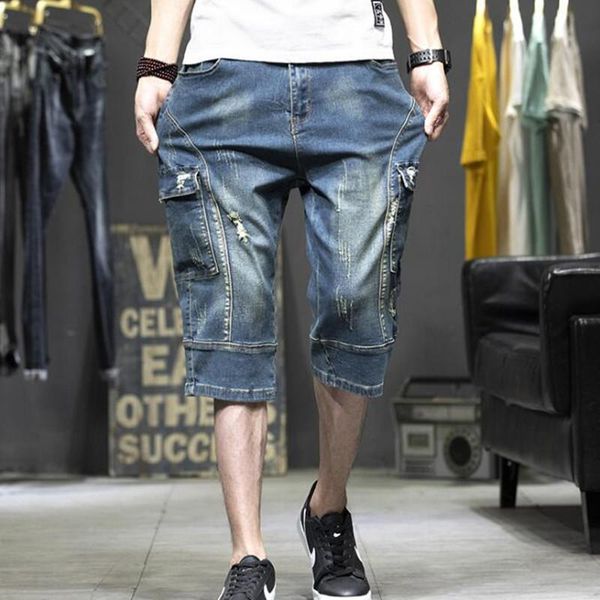 

men's jeans mens loose denim short men fashion streetwear hip hop long 3/4 capri cargo shorts plus size, Blue