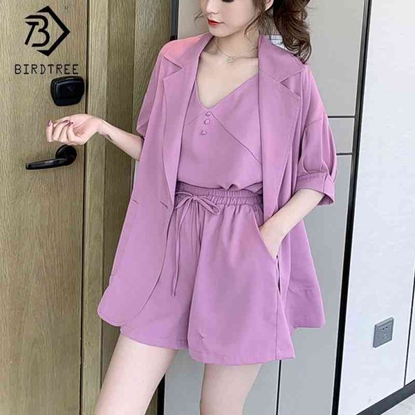 

summer autumn women loose blazer suits three pieces set notched short sleeve drawstring elastic waist shorts s05306k 210419, White
