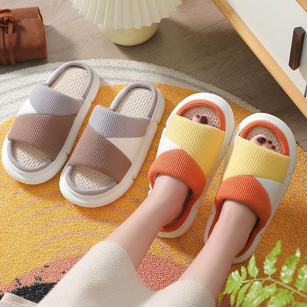 

slippers simple geometric home bedroom women floor mute breathable couples cotton shoes non-slip indoor ladies flax slides, Black