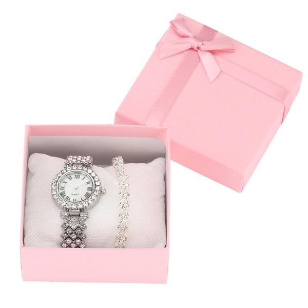 

fashion women gift set luxury rhinestone quartz wrist watch ladies bracelet pink box gifts for girlfriend relogio femenino wristwatches, Slivery;brown