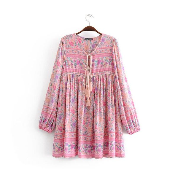 

casual dresses spring boho floral print pleated mini dress women 2021 summer rayon o neck lace up patchwork beach pullover vestidos, Black;gray