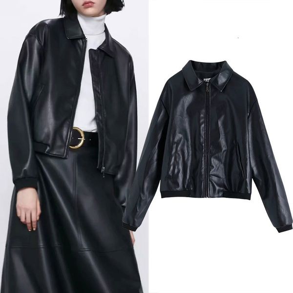 

women's jackets za women's jacket imitation leather from vintage autumn female casual long sleeve lapel woman zipper s loose fgx5, Black;brown