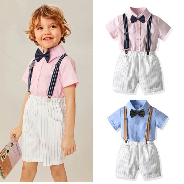 

boys clothing sets kids suits children clothes wear summer cotton short sleeve bow tie shirts suspenders shorts pants 2pcs suit birthday out, White