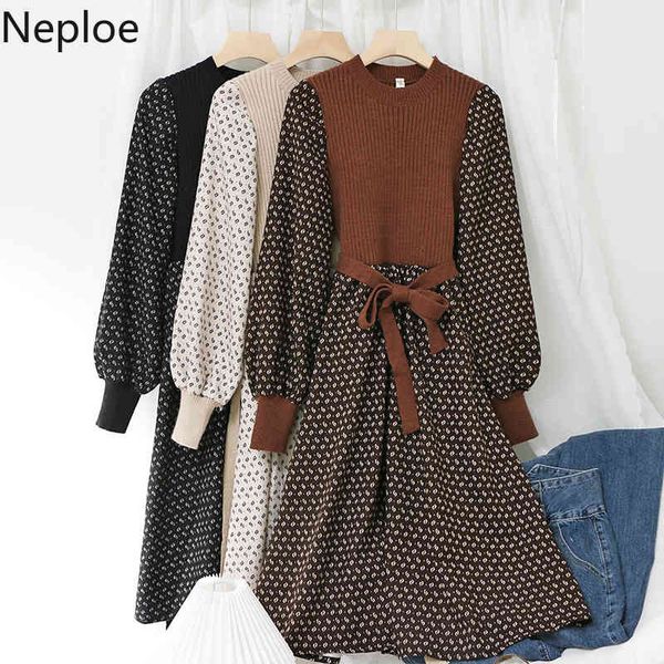 

neploe vintage knitted midi dress patchwork floral high waist slim vestidos o-neck lace up lantern sleeve robe dresses women 210422, Black;gray