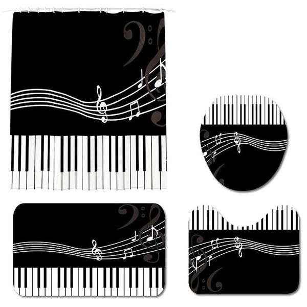 

bath accessory set mat bathroom set,black and white piano keys carpet shower curtain four sets of toilet sets-4 pieces,anti slip wate