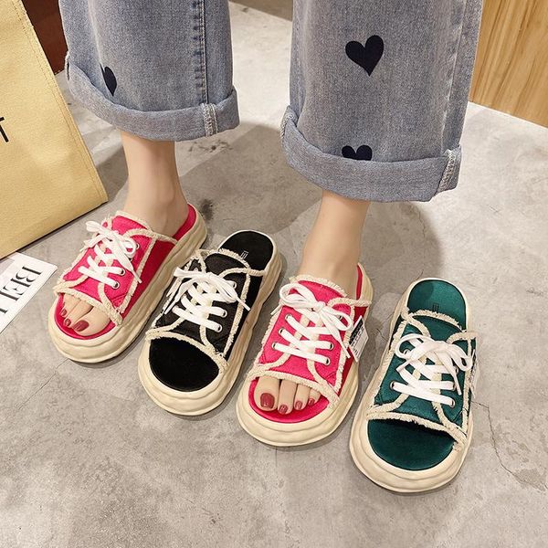 

slippers female shoes house platform slides fashion med 2021 soft luxury flat rubber rome pu cotton fabric woman slip, Black