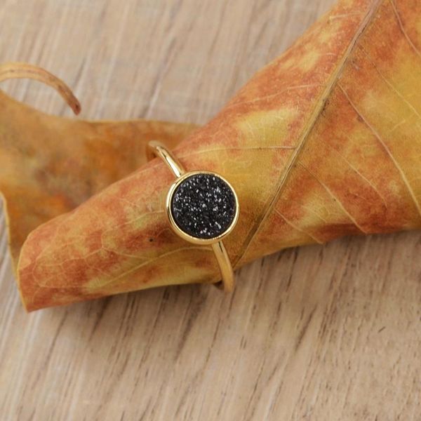 

cluster rings natural agates girls ring titanium rainbow druzy 9mm round drusy gold daily style lovely women gifts, Golden;silver