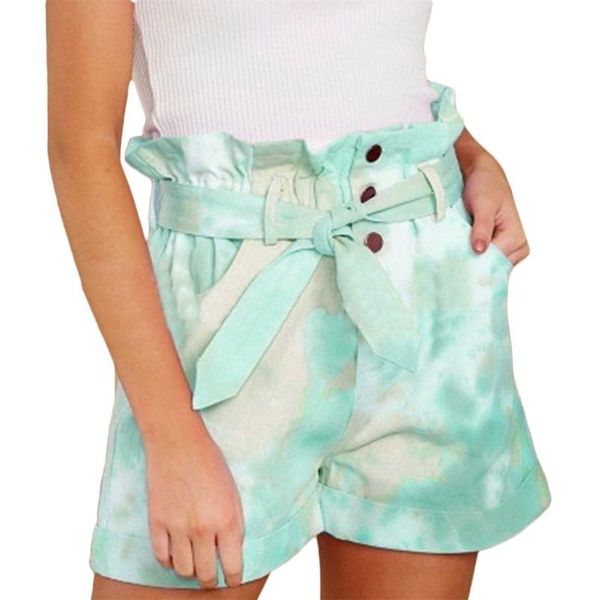 

women summer tie-dye shorts ruffles high waist bowknot casual loose pants s-5xl 6xda women's, White;black
