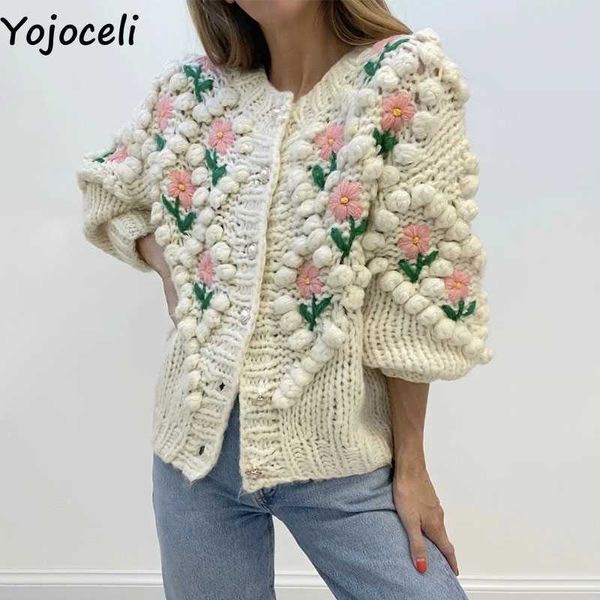 Yojoceli artesanal Crochet Floral Cardigan Mulheres Autumn Sweater Outono Outerwear Inverno Botão De Tricô 210609