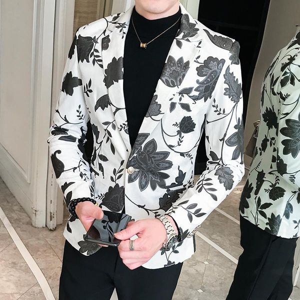 Fatos masculinos blazers 2021 jaqueta de blazer floral homens coreano moda fina cabe um botão branco primavera streetwear tops chique legal terno casaco