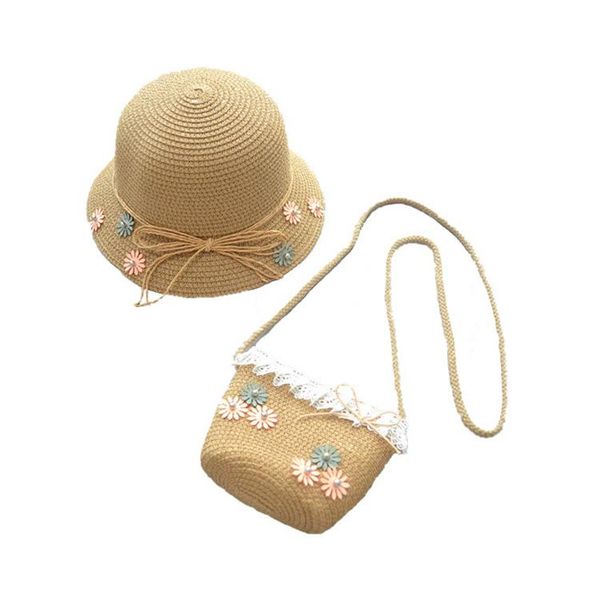 

wide brim hats straw bags 2021 children beach hat and bag set, Blue;gray