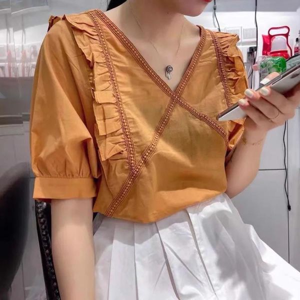 

women's blouses & shirts ruffle patchwork age-reducing puff sleeve shirt female summer korean french white cross v neck lady women