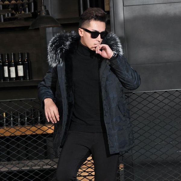 

men's leather & faux real fur coat men natural liner raccoon collar winter parka mens clothing casaco yc-002-m yy804, Black
