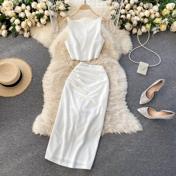 

skirt suits white black two womens tracksuits piece sets summer clothing set sleeveless crop and high waist ruched midi, Gray