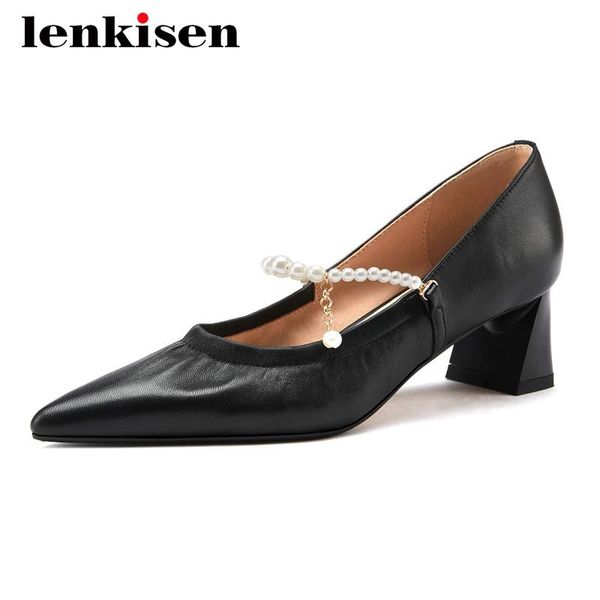 

lenkisen princess style full grain leather beading chains pendant pointed toe thick med heel buckle straps noble women pumps l56 dress shoes, Black