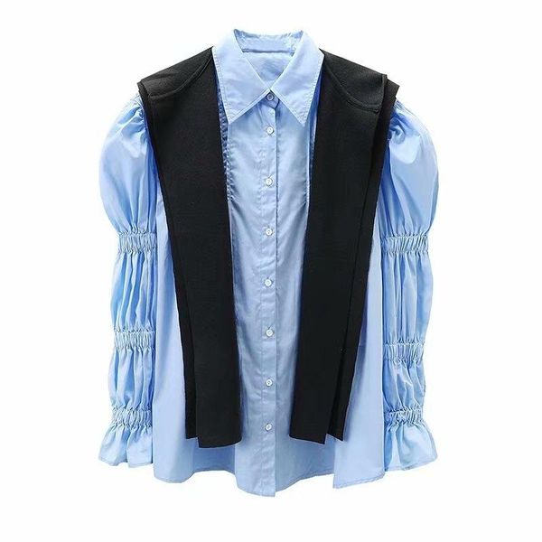 

women's blouses & shirts [ewq] korea chic autumn casual trend women lapel single-breasted fashion simple puff sleeve shawl shirt 2021 1, White