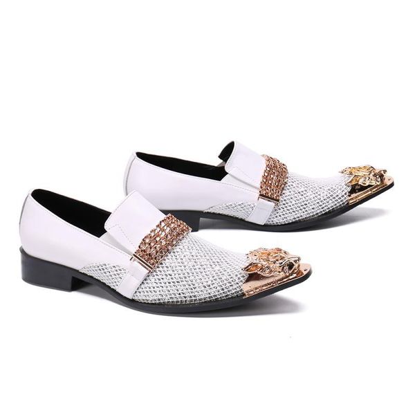 

dress shoes white fashion wedding men luxury metal buckle pointed toe slip on design men's big yards 44 45 46, Black