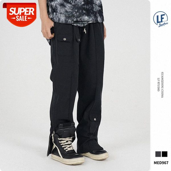 

lawfoo chinese men's multi-pocket zipper trousers loose casual pants #j351, Black