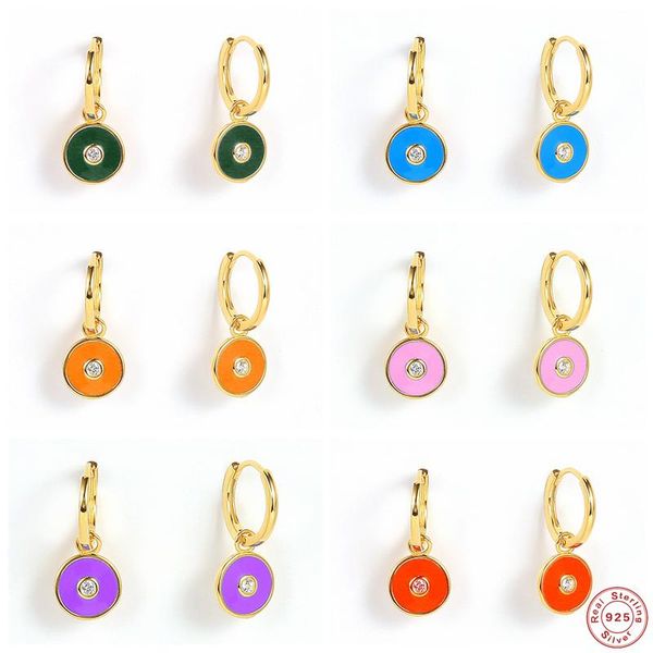 

hoop & huggie aide 925 sterling silver colorful enamel zircon charm earrings for women dripping oil round pendant fine jewelry, Golden;silver