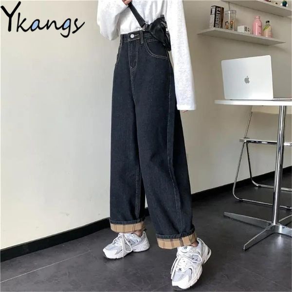 

women's jeans oversized vintage plaid stitching black wide leg rolled korean women denim pants baggy high waist streetwear trousers, Blue