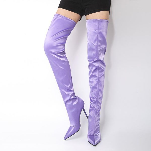 

boots lttl arrival women thigh high pointed toe stretch fabric stiletto heels black,blue,lavender on promotion