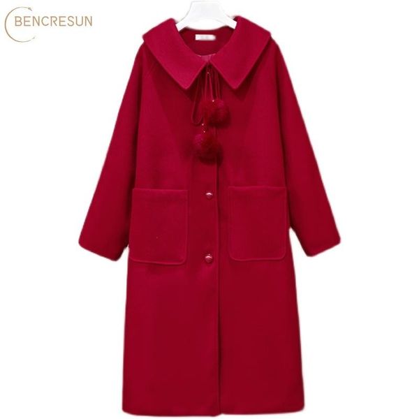 

women's wool & blends preppy style women red black artificial blend coats female warm plus thicker doll collar hairball trendy button o