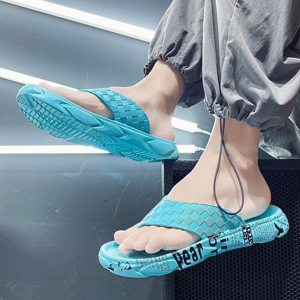 

slippers retro blue men beach flip flops letter printed fashion summer checked pattern men's flat shoes tongs homme ete 8wa6, Black