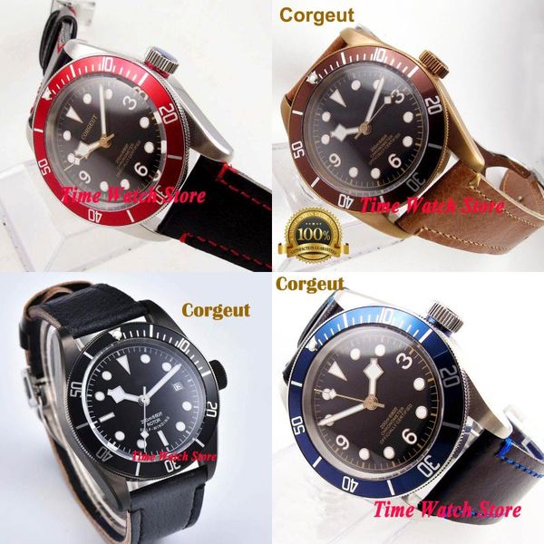 

corgeut 41mm miyota 8215 automatic men's watch sapphire glass black strile dial blue red bezel waterproof deployant clasp wristwatches, Slivery;brown