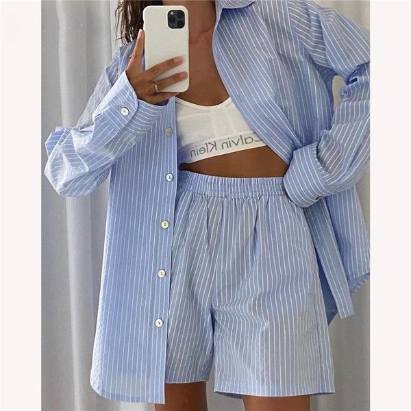 

women's tracksuits loung wear tracksuit women shorts set stripe long sleeve shirt and loose high waisted mini two piece 2021, Gray