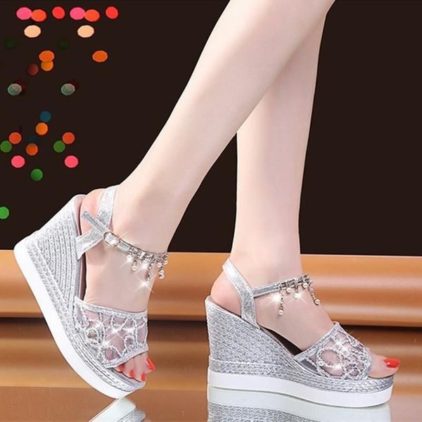 

dress shoes wedge heel blingbling women party summer woman high heels non-slip thick platform ladies wedding female sandals, Black