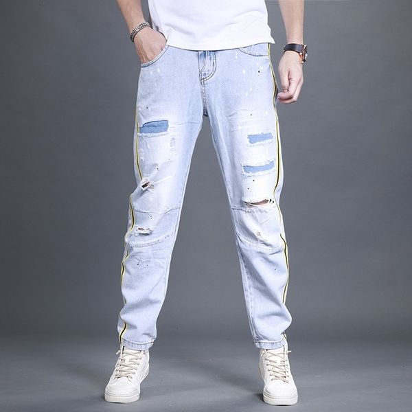 

men's jeans men will see loose fitting torn hole striped hip hop jeans denihare casual pants streetwear man long ved8, Blue