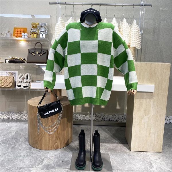 

women's sweaters chessboard check round neck pullover foreign style sweater korean loose long sleeve versatile color matching plaid, White;black
