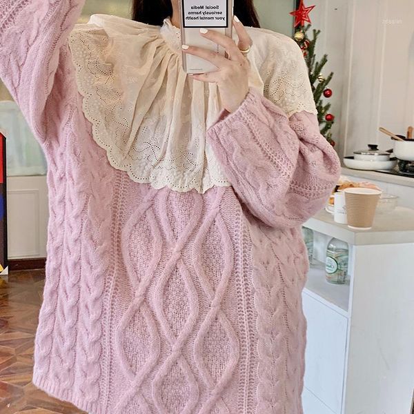 

french sweet girl knitted sweaters winter korean hollow out lace patchwork pullover women o-neck princess outerwear jumper lady women's, White;black