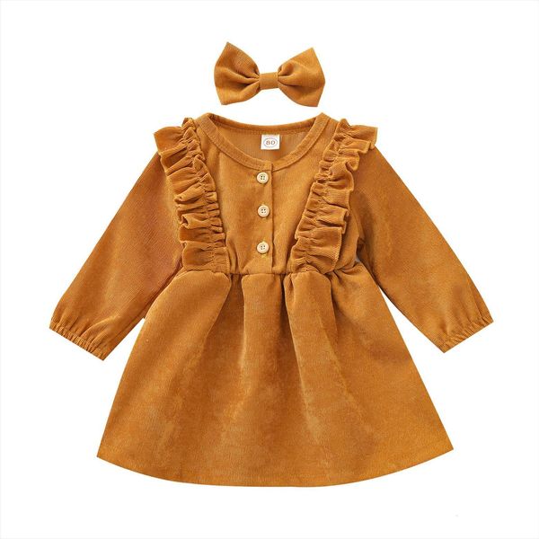 

spring autumn infant baby girl dress girls headband 2pcs solid ruffles long sleeve bowknot button a line, Red;yellow