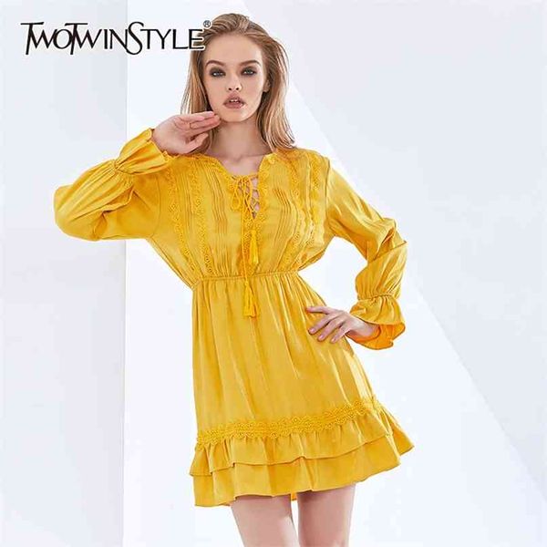 

minimalist lace dress women v neck flare sleeve high waist oversized dresses female summer womens clothing 210520, Black;gray