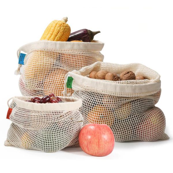 

hanging baskets style eco-friendly reusable s/m/l mesh storage bags portable fruit vegetable wear-resisting cotton cord beige